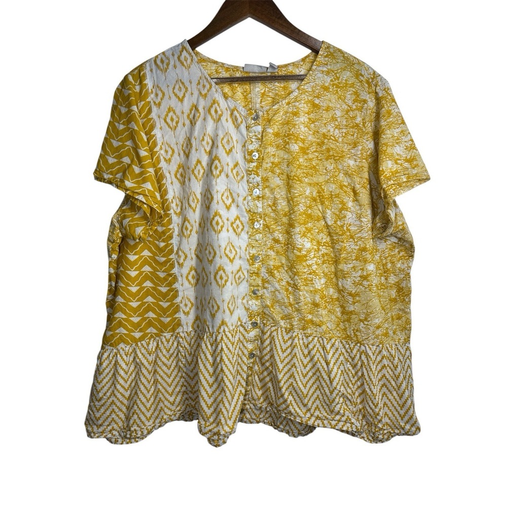 Logo by Lori Goldstein Women's Plus Size 2XTop Yellow Button Up  Multi Patterned